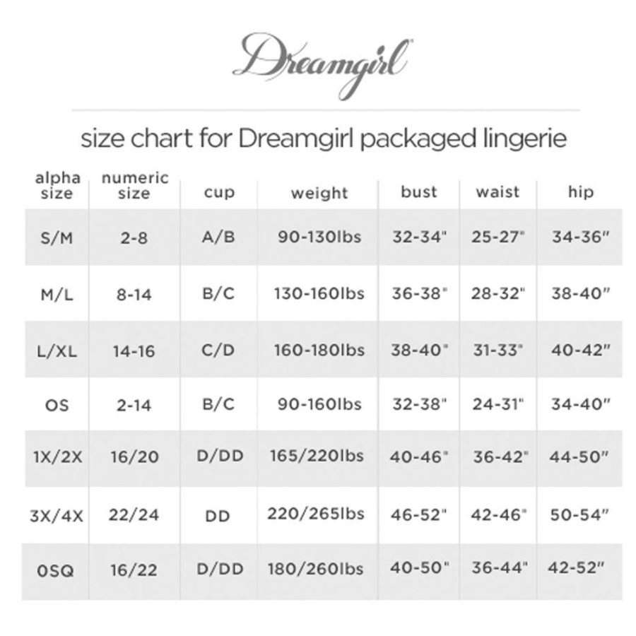 Dreamgirl Extra-Curricular Cutie Costume size chart
