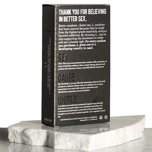 L. Ultra Thin Vegan-Friendly Lubricated Latex Condoms back of box