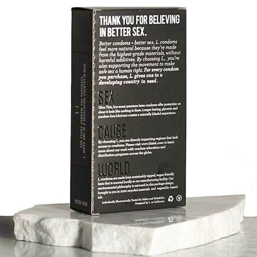 L. Ultra Thin Vegan-Friendly Lubricated Latex Condoms back of box