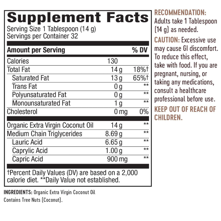 Nature's Way Organic Extra Virgin Coconut Oil nutrition facts