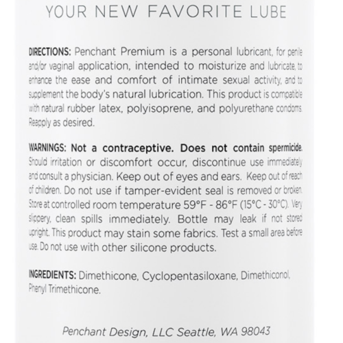 Penchant Premium Silicone Based Personal Lube label