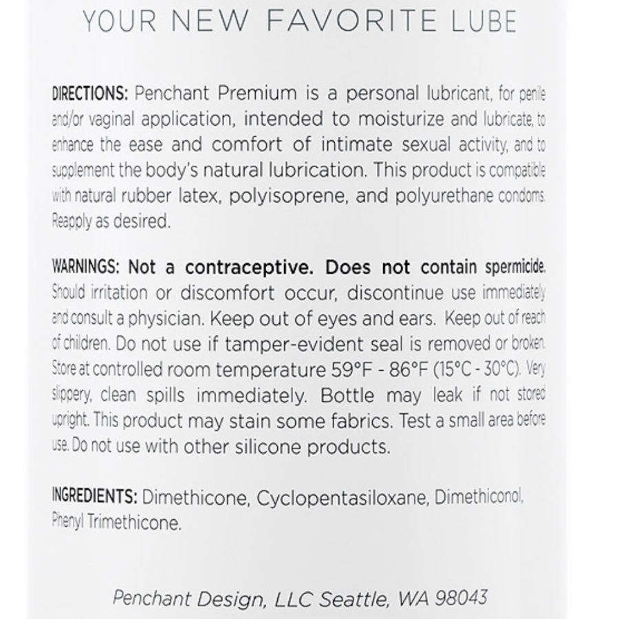 Penchant Premium Silicone Based Personal Lube label