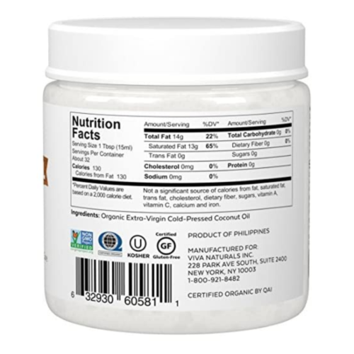 Viva Naturals Organic Extra Virgin Coconut Oil 16 Ounce label