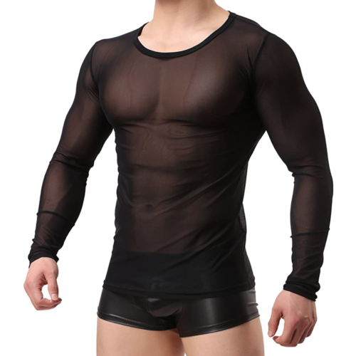 WINDAY Men's Sexy Long Sleeve Mesh Top black