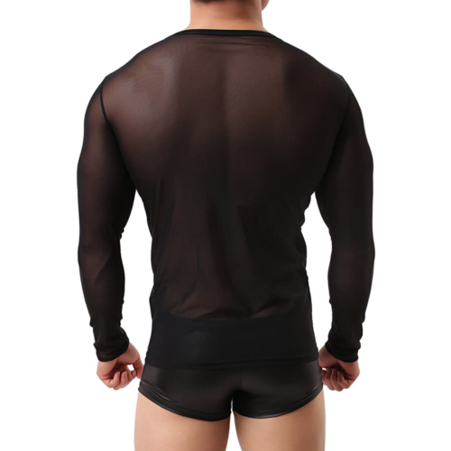 WINDAY Men's Sexy Long Sleeve Mesh Top black back