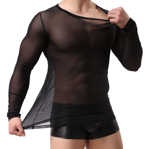 WINDAY Men's Sexy Long Sleeve Mesh Top black